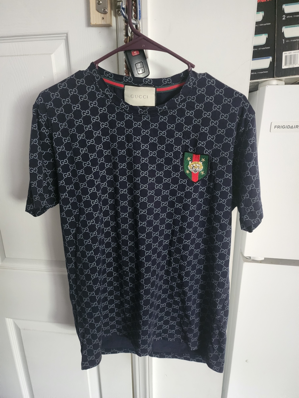 Gucci Navy Blue Monogram GG Short Sleeve Tee with Green-Red Crest
